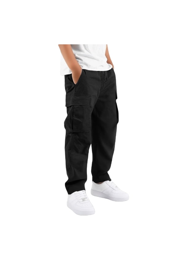Boys Girls Cargo Pants Multiple Pockets Full Length Straight Leg Solid Color Comfortable Casual Trousers Outdoor Play And Daily Wear Children Stylish Bottoms