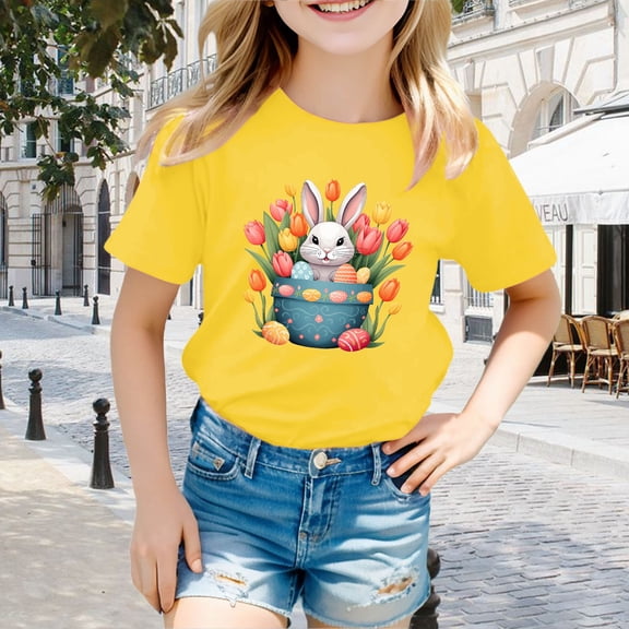 JIAYUE Boys Girls Easter Tops Cartoon Print Short Sleeve Pull-On Crew Neck Classic Fit T Shirts For Toddler Everyday Tees