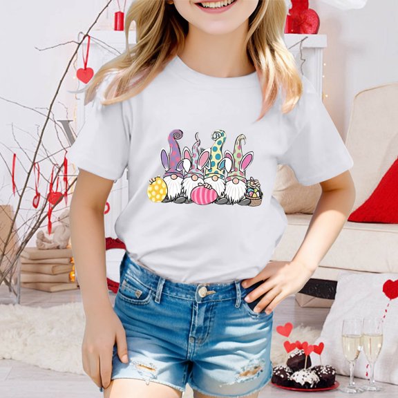 JIAYUE Boys Girls Easter Tops Cartoon Print Short Sleeve Pull-On Crew Neck Lightweight T Shirts For Child Holiday Party Tees