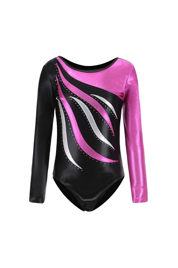 Boys Girls Jumpsuits O-Neck Long Sleeve Dance Leotard Gymnastics Outfit Sparkling Rhinestone For Ballet Latin Performance And Practice(3 12 Years) Leisure Children Bodysuits