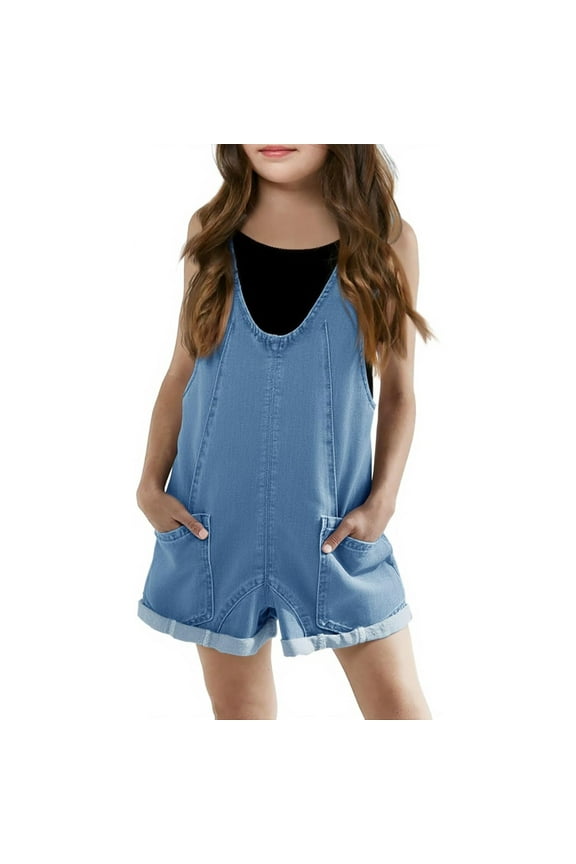 Boys Girls Jumpsuits V-Neck Sleeveless Denim Overall Shorts Summer Adjustable Straps Jeans Shortalls Leisure Kids Rompers