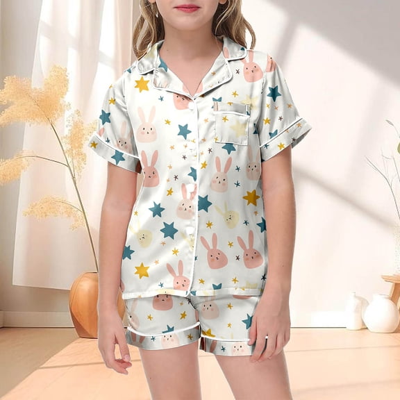 JIAYUE Boys Girls Kids Easter Outfit Sets Cartoon Print Short Sleeve Button Collared Blouses Shorts Snug Comfy For Toddler Stylish Comfortable Dailywear Sets