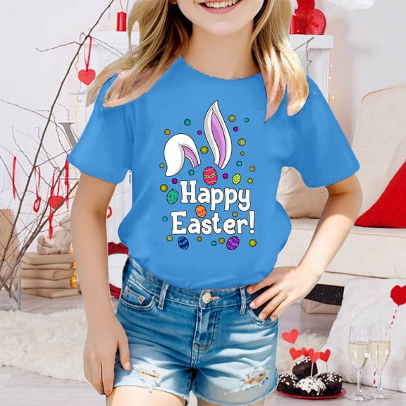 JIAYUE Boys Girls Kids Easter Tops Cartoon Print Short Sleeve Pull-On Crew Neck Classic Fit T Shirts For Child Layering Tees