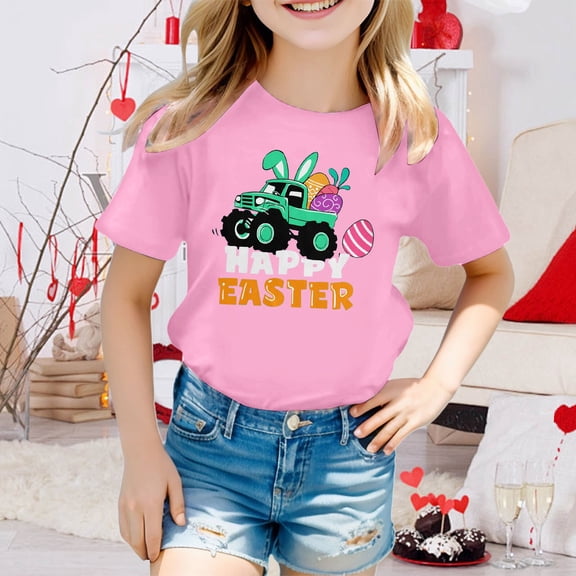 JIAYUE Boys Girls Kids Easter Tops Pull-On Short Sleeve Cartoon Print Crew Neck Classic Fit T Shirts For Children Seasonal Tops