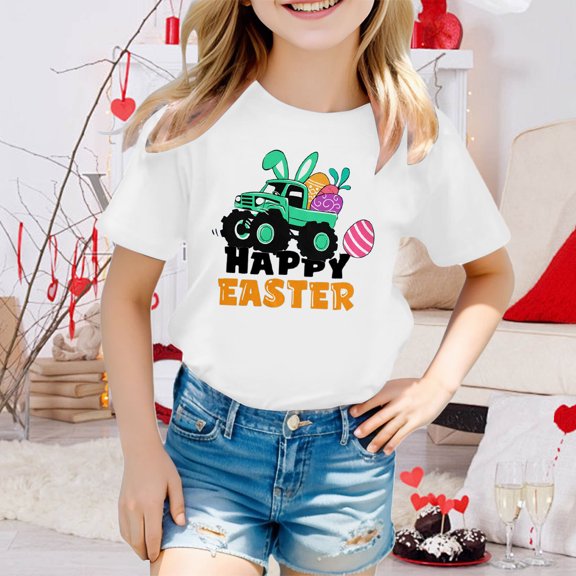 JIAYUE Boys Girls Kids Easter Tops Pull-On Short Sleeve Cartoon Print Crew Neck Classic Fit T Shirts For Children Seasonal Tops