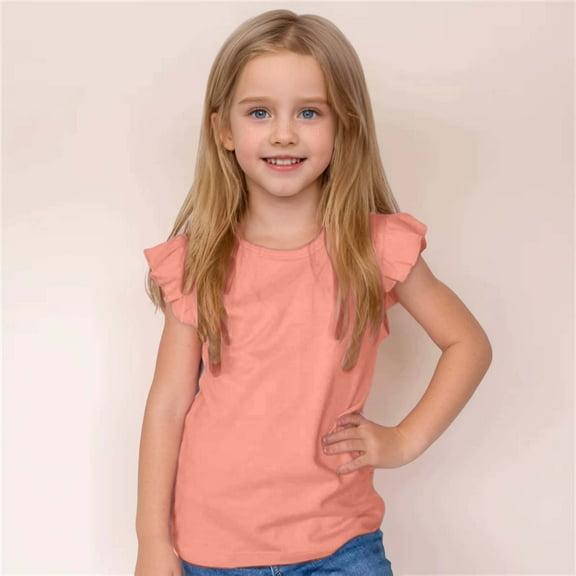 JIAYUE Boys Girls Kids Tops Pull-On Short Sleeve Solid Color Crew Neck Flutter Sleeves T Shirts For Child Base Layer Tops