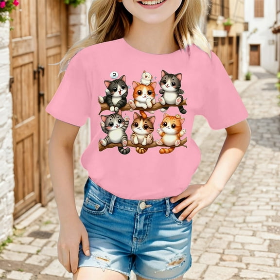 JIAYUE Boys Girls Tops Cartoon Cat Print Short Sleeve Round Neck Loose Fit For Children Summer Play Wear