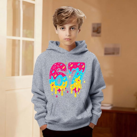JIAYUE Boys Girls Unisex 67 Trendy Hoodie Sweatshirts Cartoon Print Long Sleeve Hooded Relaxed Fit Pullover For Toddler Comfortable Tops