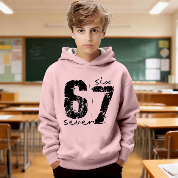 JIAYUE Boys Girls Unisex 67 Trendy Hoodie Sweatshirts Cartoon Print Long Sleeve Hooded Snug Warmth Pullover For Kids Comfortable Tops