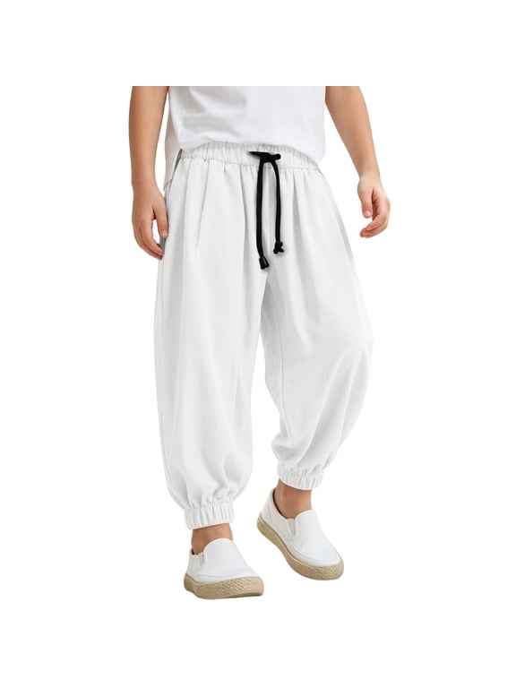 Boys Harem Pants Lightweight Elastic Drawstring Waist Loose Solid Color Jogger Trousers For Daily Playing Wear
