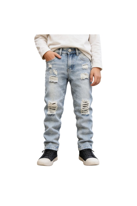 Boys Pants With Pocket Distressed Jeans High Street Fashion Casual Long For Kids Comfortable Stretch Denim Trousers Spring Autumn,Blue,9-10 Years
