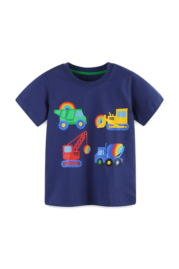 Boys Shirts O-Neck Toddler Clothes Short Sleeve Pullover Construction Truck Print Summer Tees Graphic Cozy Children Tops