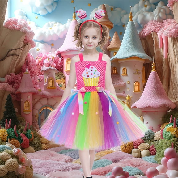 JIAYUE Carnival Dresses For Girls Rainbow Tank Sleeveless Mid-Length Square Neckline For Child Festival Celebration Dresses