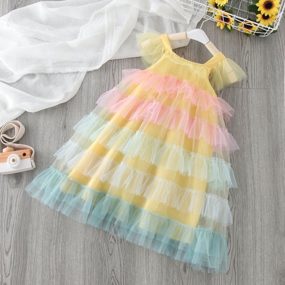 JIAYUE Carnival Dresses For Kids Girls Short Sleeve Color Blocking Drop Shoulder Square Neckline Long Tiered Tulle Rainbow Patchwork A-Line For Toddler Adjustable Dress
