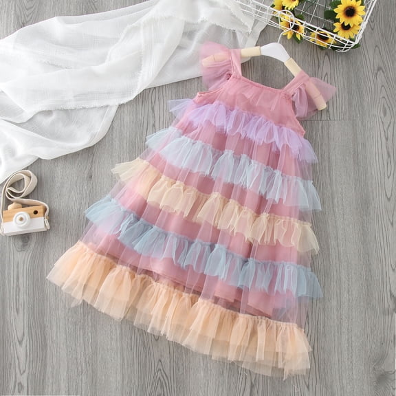 JIAYUE Carnival Dresses For Kids Girls Short Sleeve Color Blocking Drop Shoulder Square Neckline Long Tiered Tulle Rainbow Patchwork A-Line For Toddler Breathable Adjustable Wear