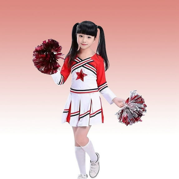 JIAYUE Carnival Girls Cheerleading Performance Outfit Sets Color Block Sleeveless V-Neck Pull-On Tops Skirts with Pompoms For Toddler Playwear Outfits