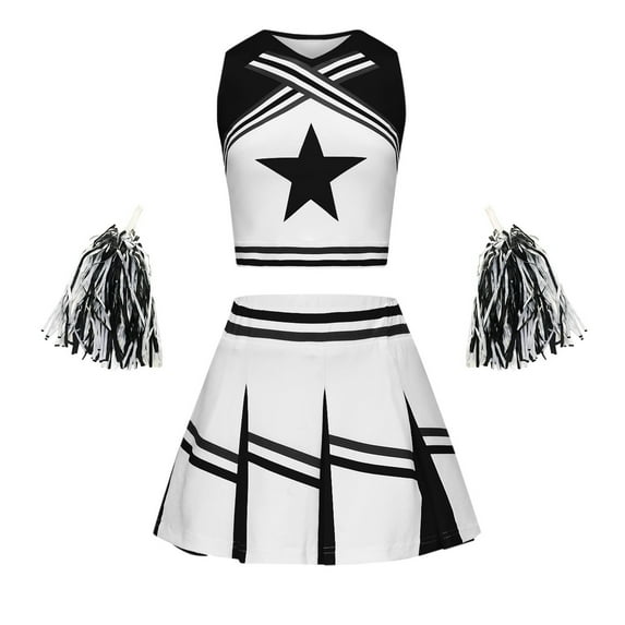 JIAYUE Carnival Girls Cheerleading Performance Outfit Sets Color Block Sleeveless V-Neck Pull-On Tops Skirts with Pompoms For Toddler Playwear