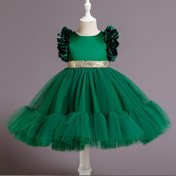 JIAYUE Carnival Girls Dresses Solid Color Round Neck Sleeveless Long Ruffled Shoulder with Sequins Belt Ball Gown For Kids Casual Dress