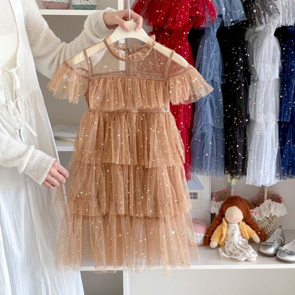 JIAYUE Carnival Girls Toddler Dresses Sequins Short Sleeve Collared Zipper Ball Gown For Toddler Stylish Elegant Dresses