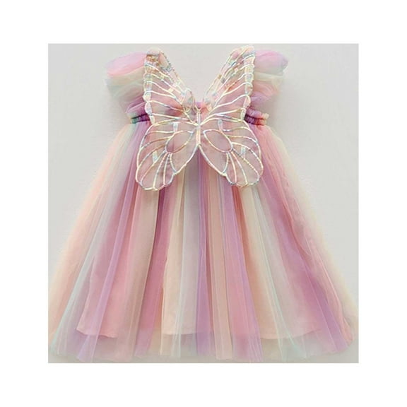 JIAYUE Carnival Kids Girls Dresses Tie Dye Square Neckline Sleeveless Mid Length Butterflies Mesh Ball Gown For Children Breathable Dress