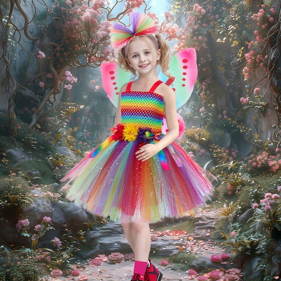 JIAYUE Carnival Toddler Girls Dresses Rainbow Tank Sleeveless Mid-Length Square Neckline For Children Elegant Charming Dresses