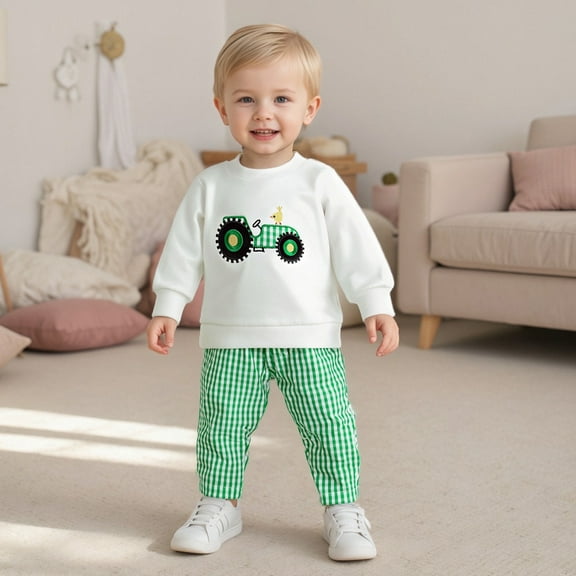 JIAYUE Child Clothes Sets Boys Farm Cartoon Embroidered Long Sleeve Hoodie And Plaid Pants Outfit Toddler Playwear Casual Two Piece Casual Clothing