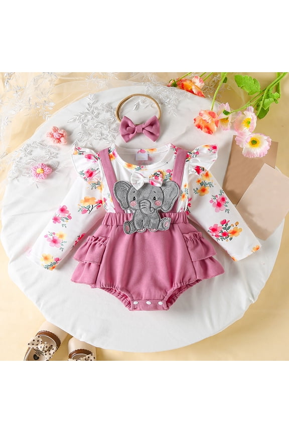 Child Clothes Sets Girls Adorable Floral Print Outfit Long Sleeve Bodysuit With Bandana And Suspenders For Fall And Winter Seasons For 3 To 18 Months Old Casual Clothing
