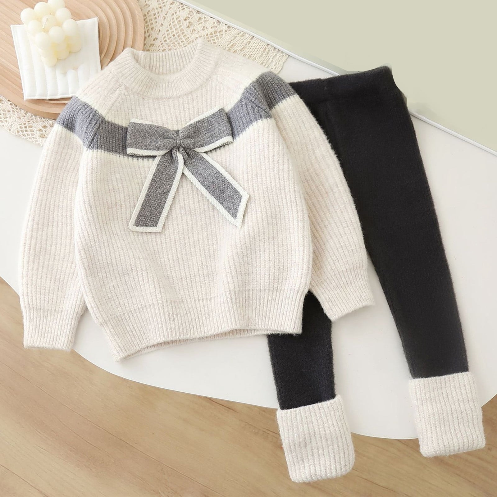 Child Clothes Sets Girls Knit Sweater Cardigan And Leggings Two Piece Outfit Bow Tie Round Neck Winter For Toddler Baby Suitable For 2 7 Years Old Casual Clothing