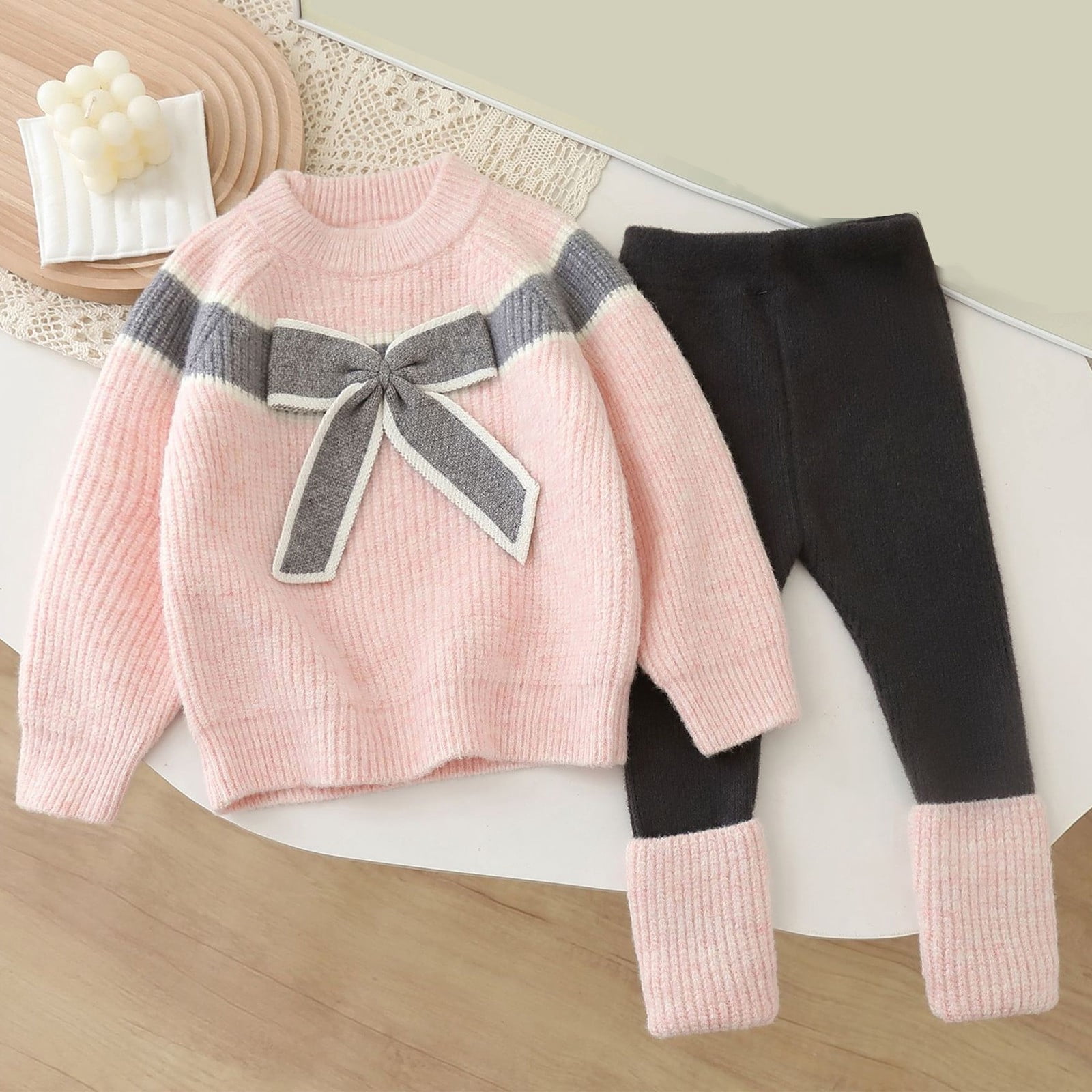 Child Clothes Sets Girls Knit Sweater Cardigan And Leggings Two Piece Outfit Bow Tie Round Neck Winter For Toddler Baby Suitable For 2 7 Years Old Casual Clothing