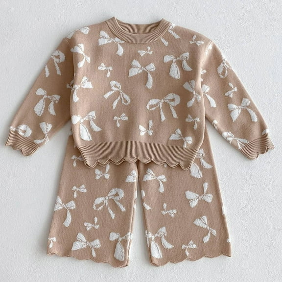 JIAYUE Child Clothes Sets Girls Knitted Jacquard Sweatshirt And Sweater With Bow Detail Long Pants Two Piece Outfit For Toddler 0 5 Years Old Casual Clothing
