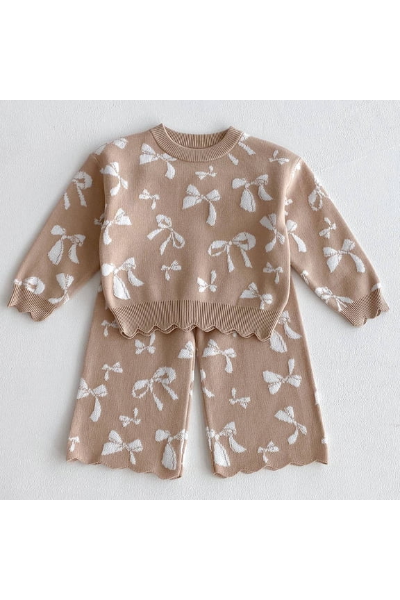 Child Clothes Sets Girls Knitted Jacquard Sweatshirt And Sweater With Bow Detail Long Pants Two Piece Outfit For Toddler 0 5 Years Old Casual Clothing