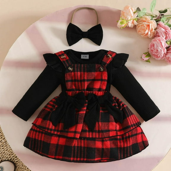 JIAYUE Child Clothes Sets Girls Long Sleeve Ribbed Infant Romper Bodysuit Bowknot Plaid Suspender Skirts Outfits Casual Clothing