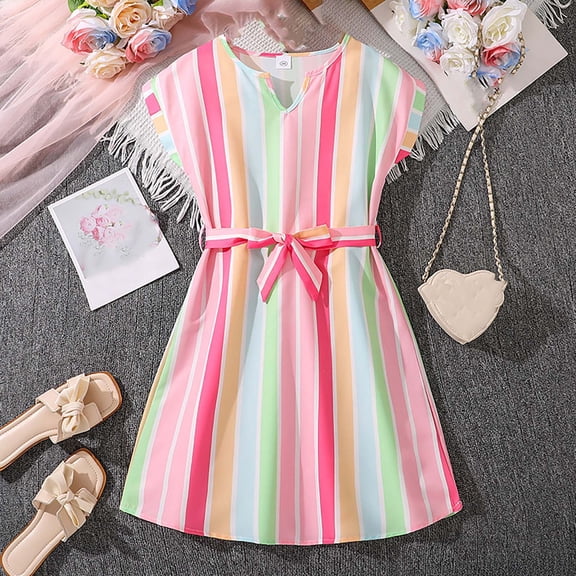 JIAYUE Child Girls Carnival Dresses Striped Short Sleeve Drop Shoulder Notch Neck A-Line Mid Length Rainbow Color Blocking For Teens Breathable Everyday Wear
