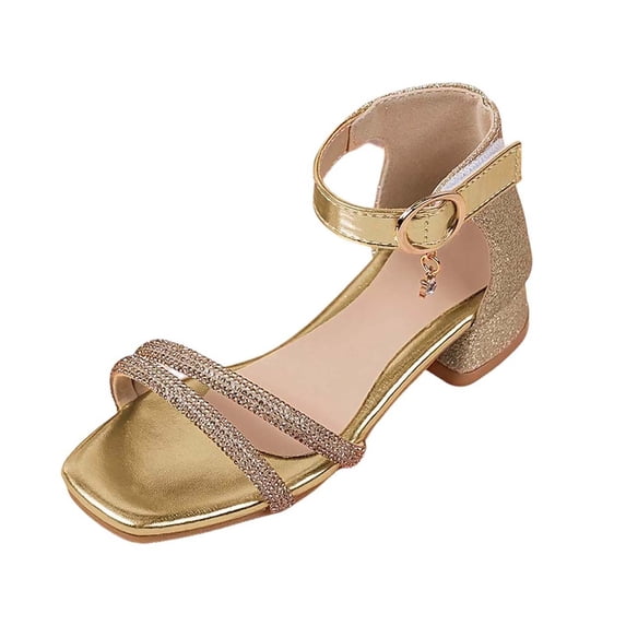 JIAYUE Child Girls Glitter Sandals With Rhinestone Detail Chunky Low Heels Footwear Ankle Strap Open Toe Kids Summer Party Wedding Shoes