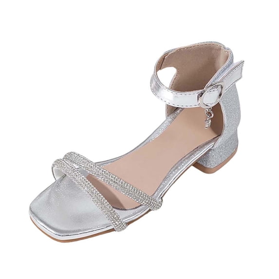 JIAYUE Child Girls Glitter Sandals With Rhinestone Detail Chunky Low Heels Footwear Ankle Strap Open Toe Kids Summer Party Wedding Shoes