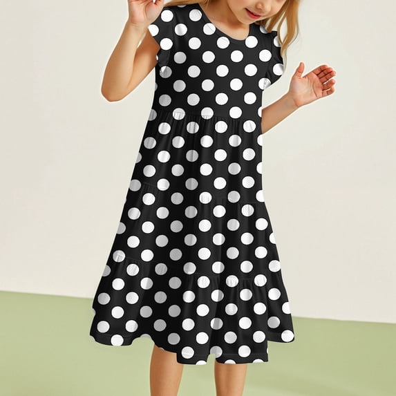 JIAYUE Child Girls Spring Dresses Polka Dots Short Sleeve Drop Shoulder Crew Neck Popover Mid Length Home For Teens Seasonal Holiday Festival Dress