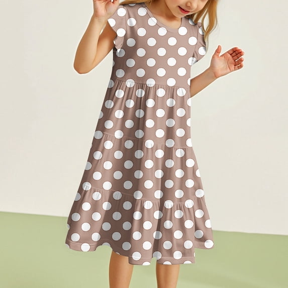 JIAYUE Child Girls Spring Dresses Polka Dots Short Sleeve Drop Shoulder Crew Neck Popover Mid Length Home For Teens Seasonal Holiday Festival Dress