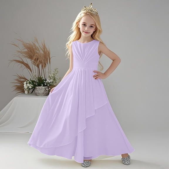 JIAYUE Child Girls Spring Summer Dresses Sleeveless Solid Color Crew Neck A-Line Long Dress Performance For Teens Festival Holiday Casual Dress