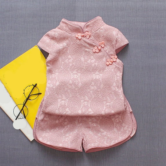 JIAYUE Child Girls Spring Summer Dresses Solid Color Short Sleeve V-Neck Drop Shoulder Mid Length Qipao Tang Suit Shift For Teens Stylish Pretty Playwear