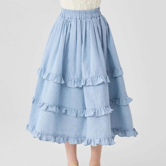 JIAYUE Child Girls Spring Summer Skirts Plaid A-Line Long Elastic Waist Tiered For Teens Festival Holiday Casual Skirt