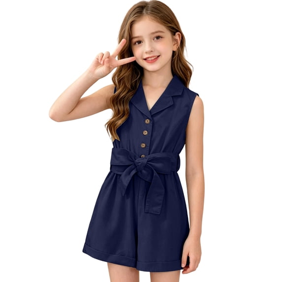 JIAYUE Child Girls Summer Romper Sleeveless Solid Color Notch Lapel Button Front Waist Tie Shorts One Piece Kids Casual Comfortable Everyday Jumpsuit