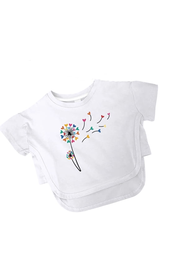 Child Girls Trendy T-Shirts Short Sleeve Casual Floral Print Curved Hem Tees Shirt Everyday Round Neck Pullover Youth Soft Breathable Tops