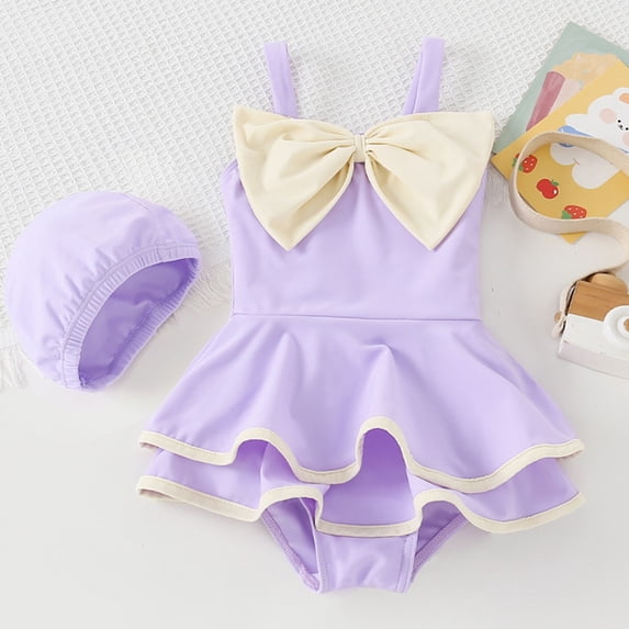 JIAYUE Children Girls Swimsuit Bodysuit Solid Color Sleeveless Spaghetti Straps Scoop Neck One-Piece Briefs with Hat For Toddler Stylish Swim Wear