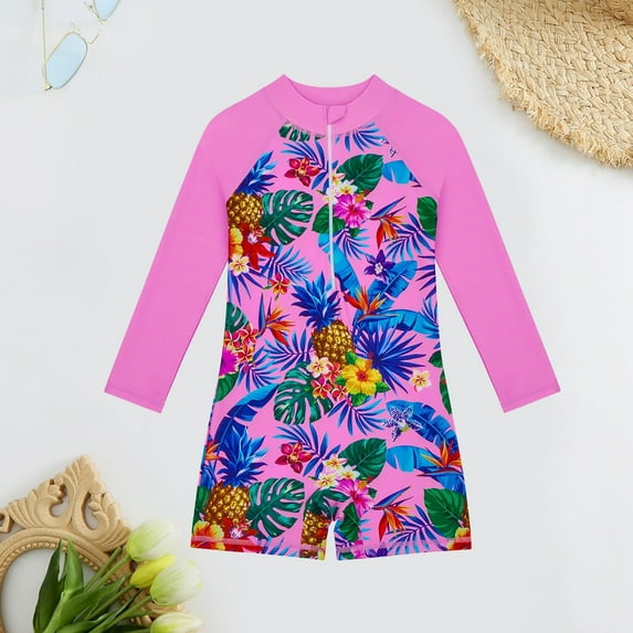 JIAYUE Children Girls Swimsuit Set Floral Long Sleeve Drop Shoulder Collared Zipper One-Piece Shorts Sunproof For Young Girls Breathable Swim Wear
