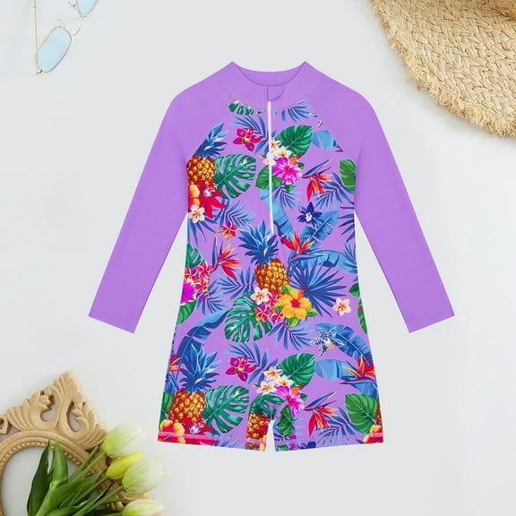 JIAYUE Children Girls Swimsuit Set Floral Long Sleeve Drop Shoulder Collared Zipper One-Piece Shorts Sunproof For Young Girls Breathable Swim Wear