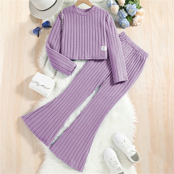JIAYUE Children Warmth Set Solid Color Long Sleeve Crew Neck Pull-On Ribbed Shirts and Flared Trousers Outfit For Kids Fall Winter Snug Wear
