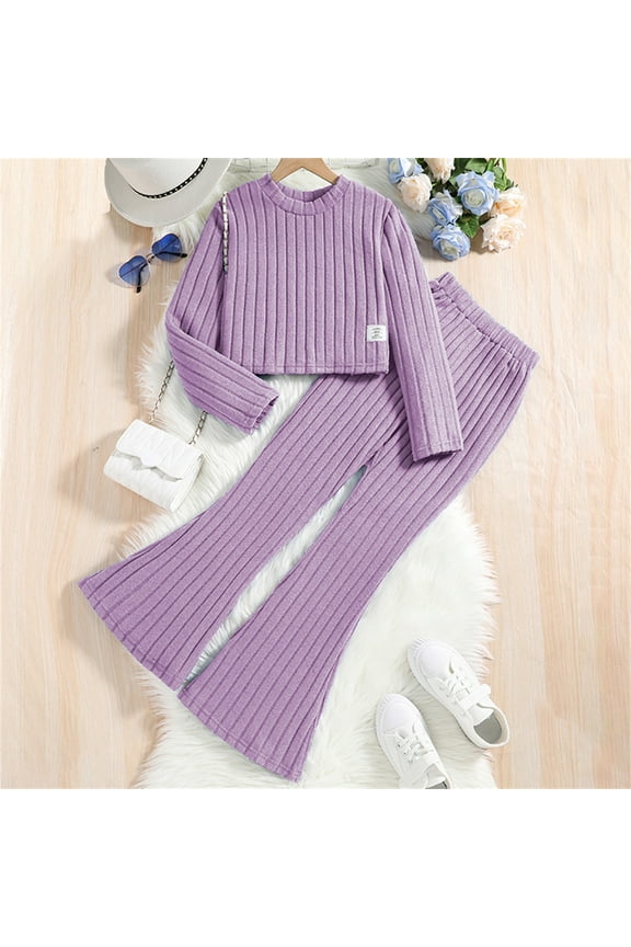 Children Warmth Set Solid Color Long Sleeve Crew Neck Pull-On Ribbed Shirts and Flared Trousers Outfit For Kids Fall Winter Snug Wear