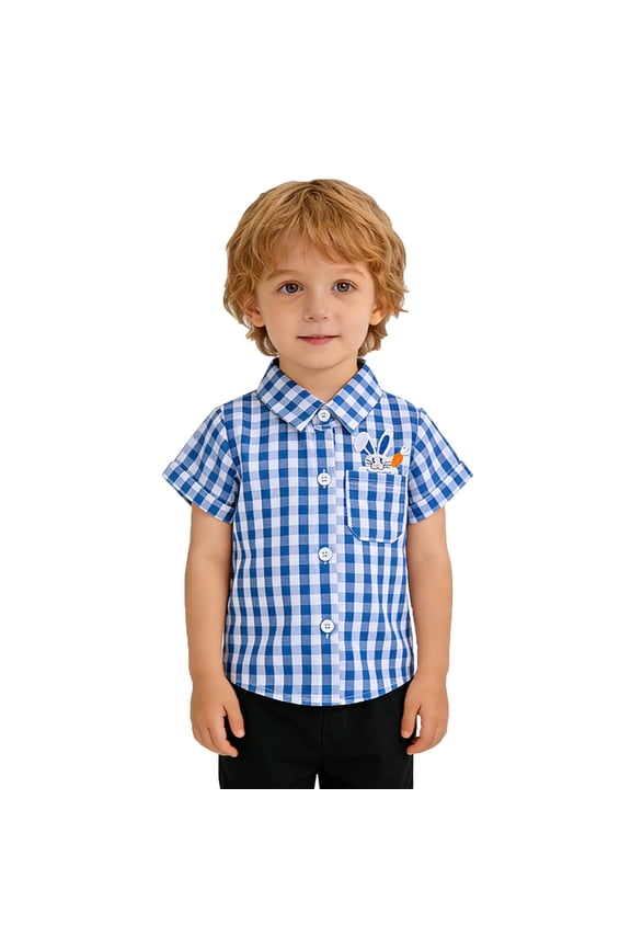 Children's Summer Shirts Adorable Easter Bunny And Carrot Print Plaid Short Sleeve Button Down Lapel Casual For Toddler And Little Boys Lightweight Breathable Comfortable Top