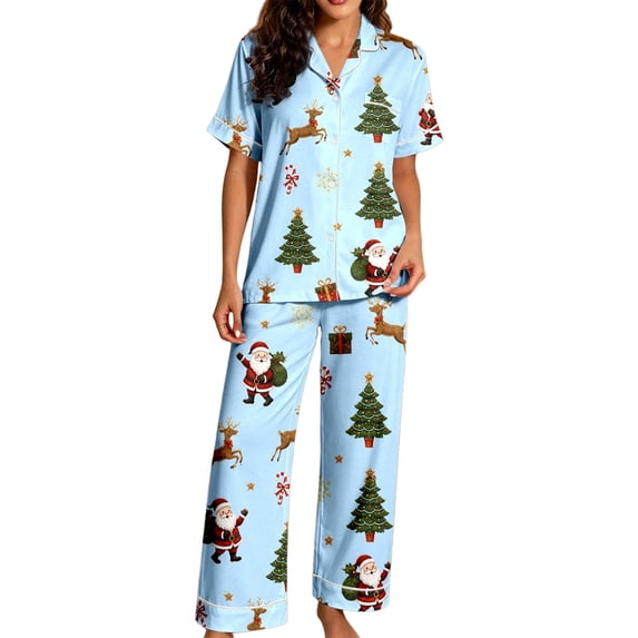 JIAYUE Christmas PJS 2-Piece Set for Women Graphic Print Button-Front Notch Collar Long Sleeve Top & Pants Sleepwear For Baggy Night