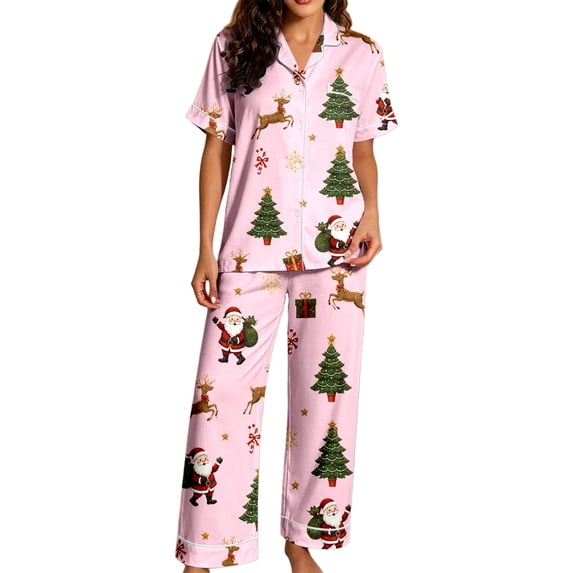 JIAYUE Christmas PJS 2-Piece Set for Women Graphic Print Button-Front Notch Collar Long Sleeve Top & Pants Sleepwear For Indoor Rest